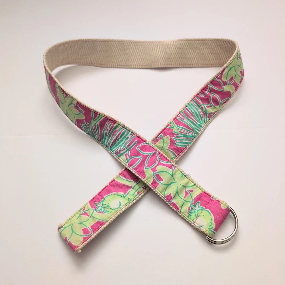 Lilly Pulitzer Canvas Belt Tropical Floral Pink Green D Ring Sz M Preppy Coastal